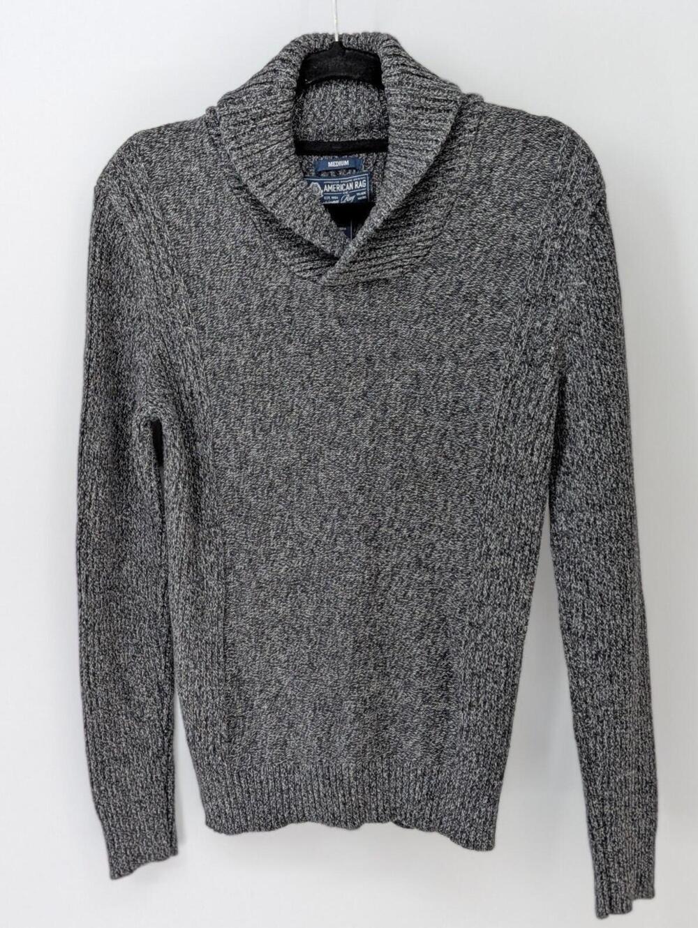 American Rag Medium Shawl Collar 100% Cotton Gray Heather Ribbed Sleeve Sweater